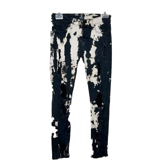 💙 JUST BLACK Womens Jeans black bleach wash Tie Dye Mid Rise Denim Distressed - Picture 1 of 8
